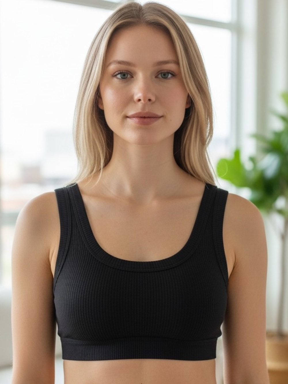 Alo Yoga Ribbed Sports Bra Black Scoop Neck Size